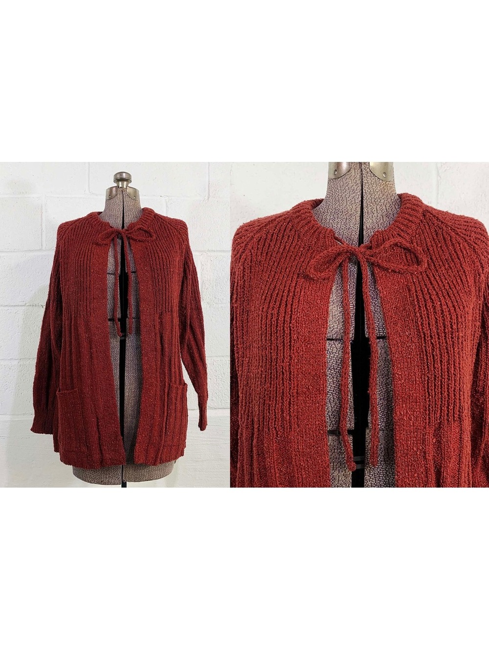 Rust Brown Knit Cardigan 1970s Acrylic Tie Neck Sweater